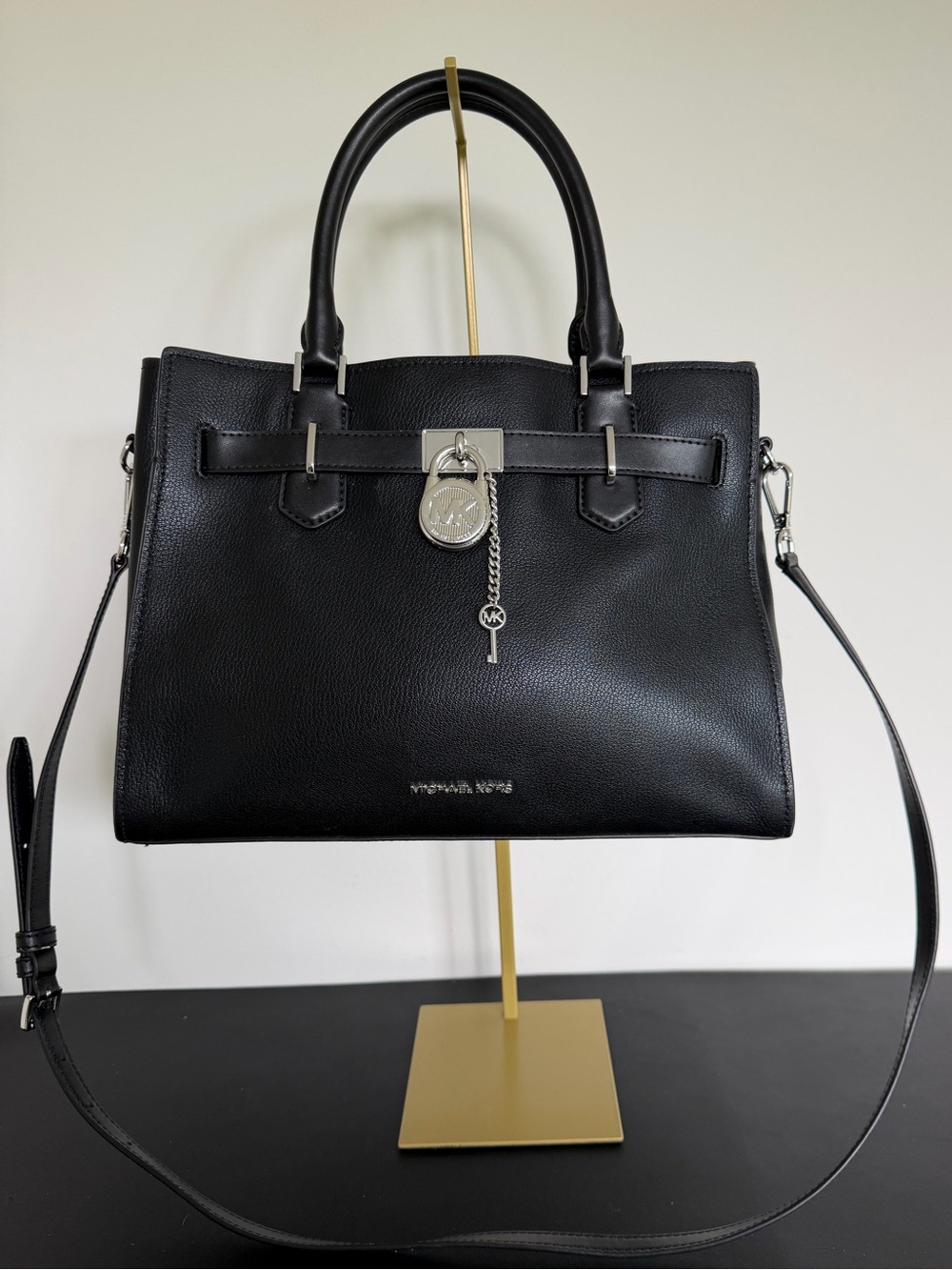 Michael Kors Hamilton Black Leather Satchel Lock Key Shoulder Bag
